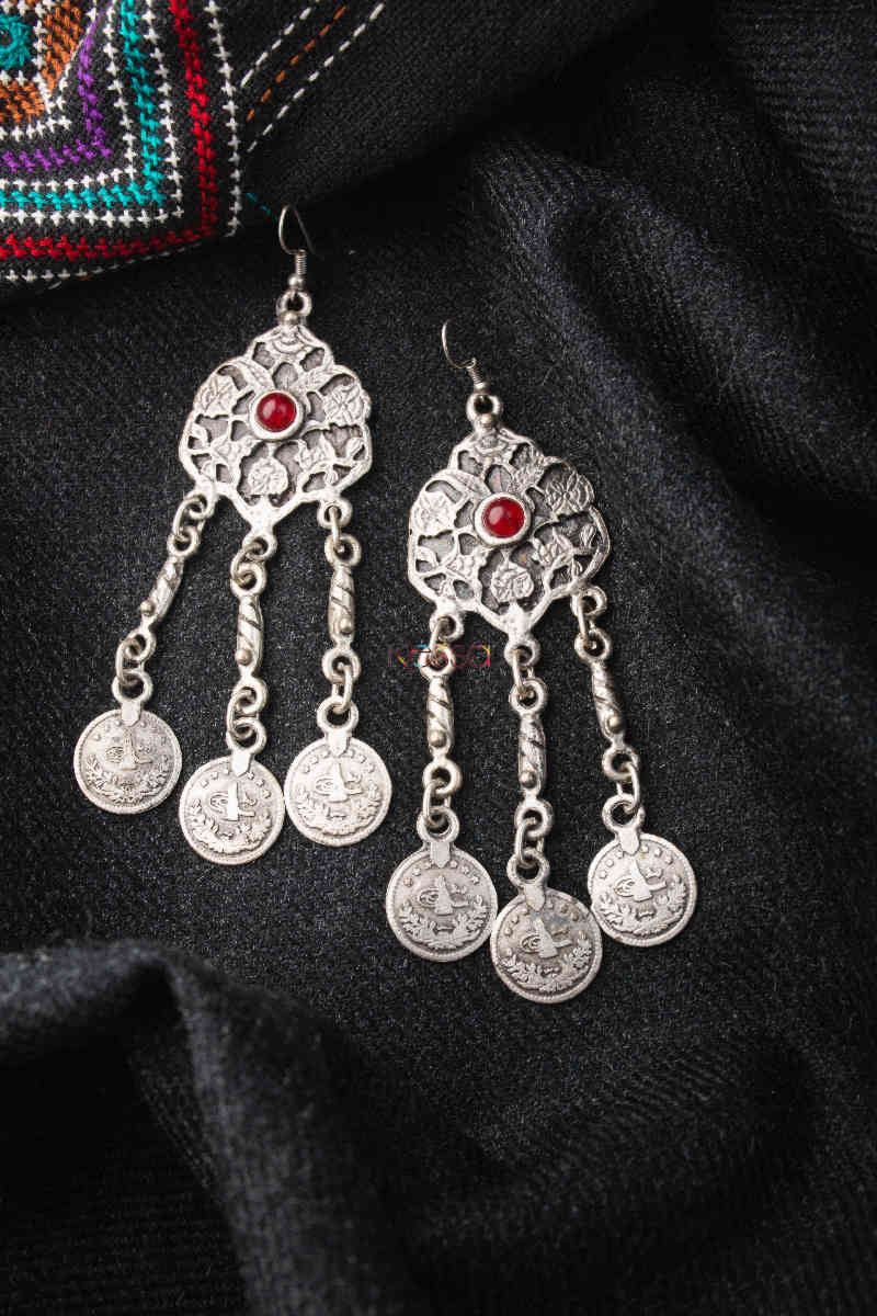 Image for Kusvaa Kpe26 Turkish Circular Tribal Boho Chain Earrings 1 Red