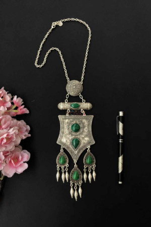 Image for Kusvaa Kpn105 Turkish Circular Multi Green Stone Tribal Chain Necklace