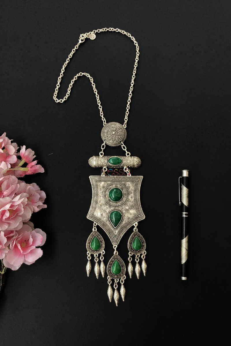 Image for Kusvaa Kpn105 Turkish Circular Multi Green Stone Tribal Chain Necklace