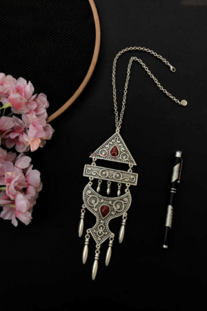 Image for Kusvaa Kpn16 Turkish Triangle With Multi Red Stone Tribal Boho Necklace