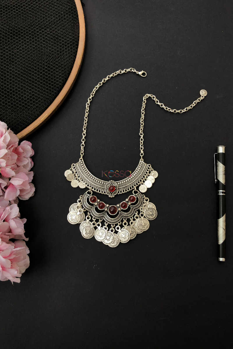 Image for Kusvaa Kpn22 Turkish Red Multi Stone Coin Necklace