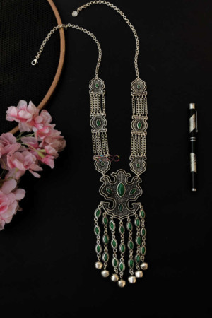 Image for Kusvaa Kpn63 Turkish Shape Multi Green Stone Ghungroo Necklace
