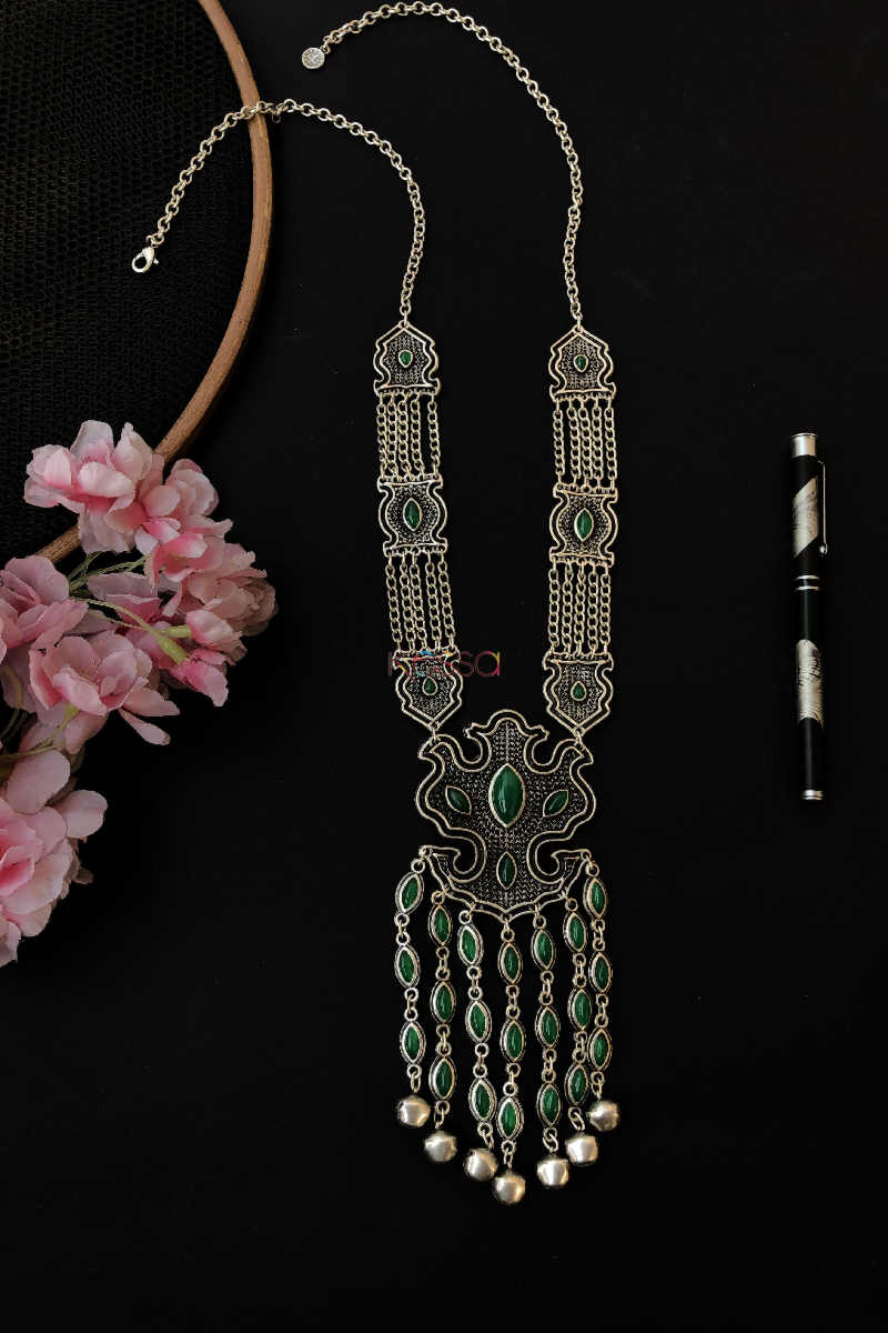 Image for Kusvaa Kpn63 Turkish Shape Multi Green Stone Ghungroo Necklace