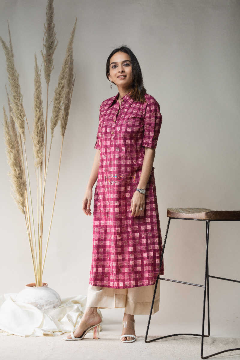 Image for Kusvaa Vcr11 Hippie Pink Geomatric Print Kurta Front
