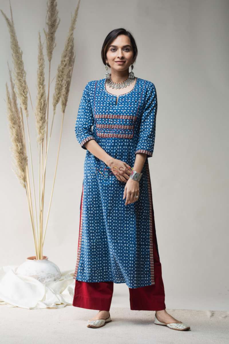 Image for Kusvaa Vcr16 East Bay Indigo Straight Fit Kurta Front