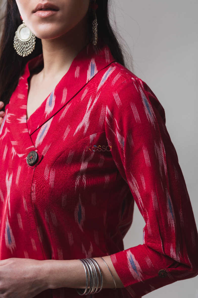 Image for Kusvaa Ws630 Brick Red Ikkat Kurta Closeup