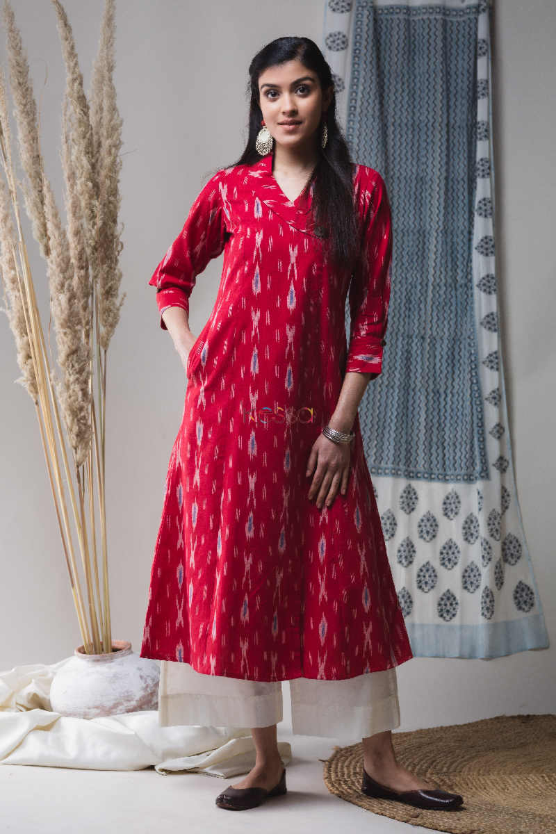 Image for Kusvaa Ws630 Brick Red Ikkat Kurta Featured