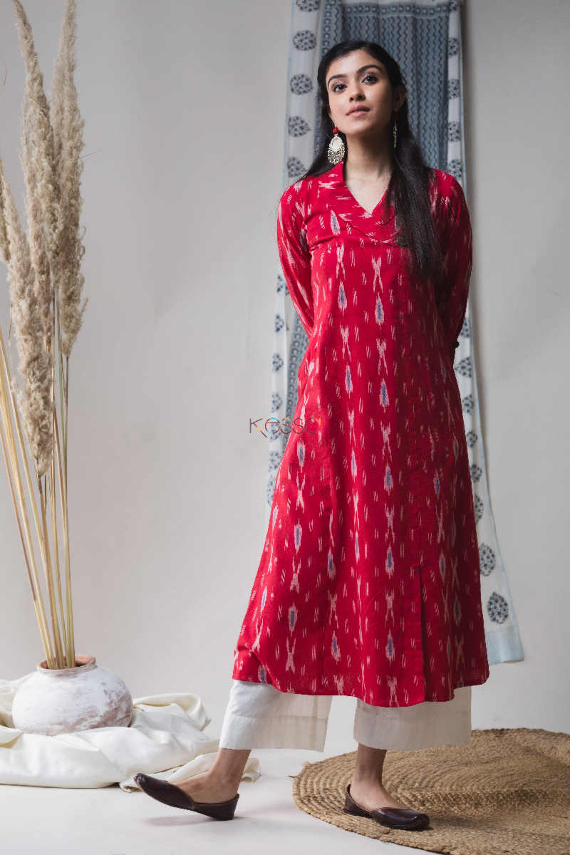 Image for Kusvaa Ws630 Brick Red Ikkat Kurta Front