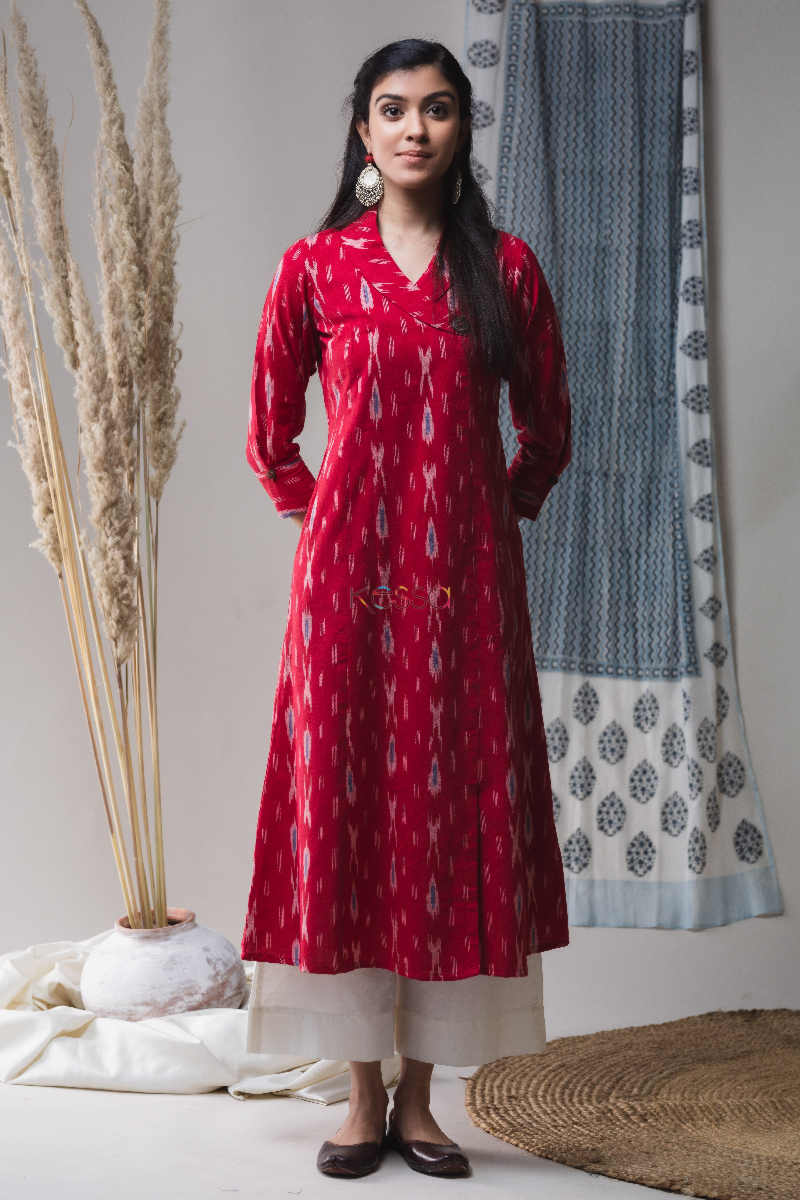 Image for Kusvaa Ws630 Brick Red Ikkat Kurta Look 1