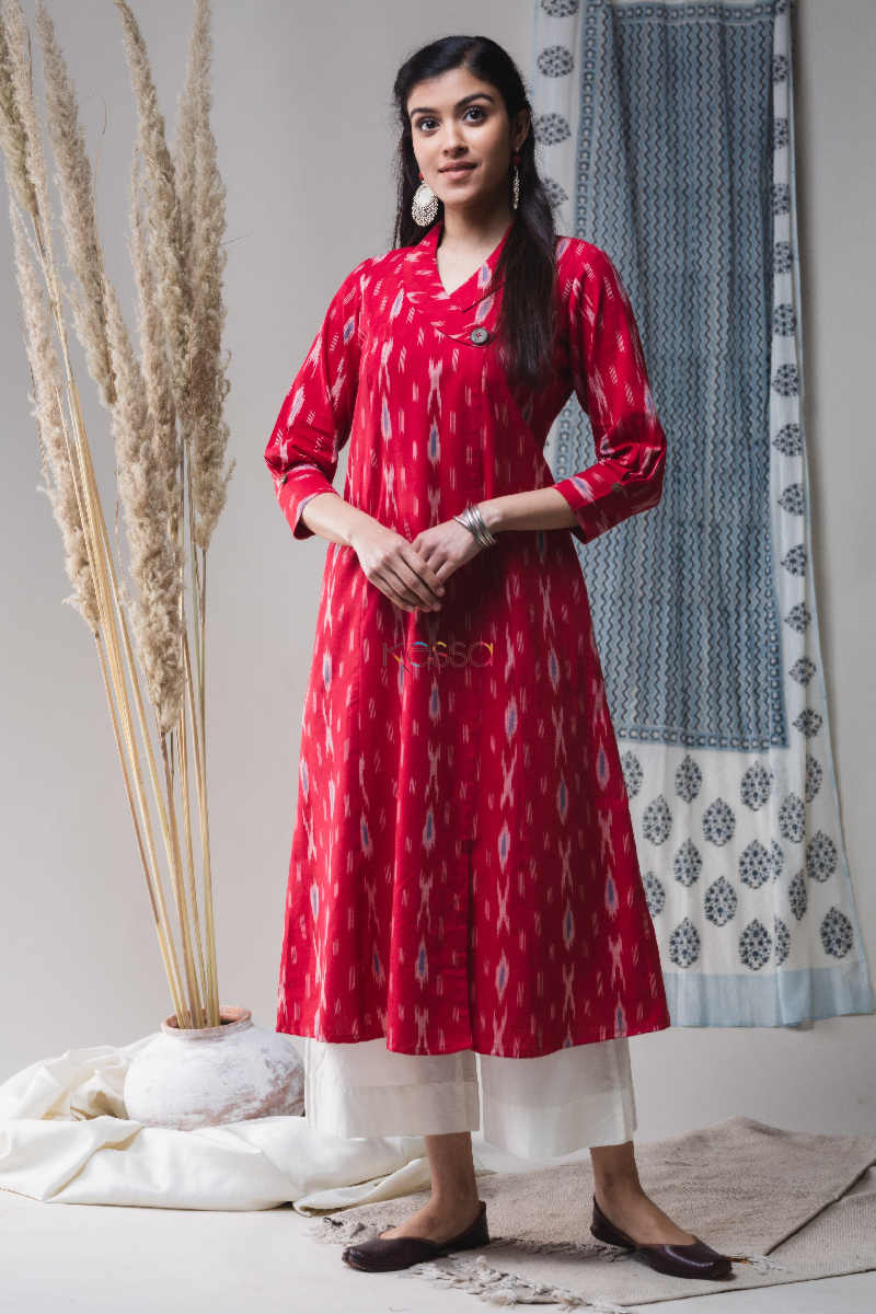 Image for Kusvaa Ws630 Brick Red Ikkat Kurta Look