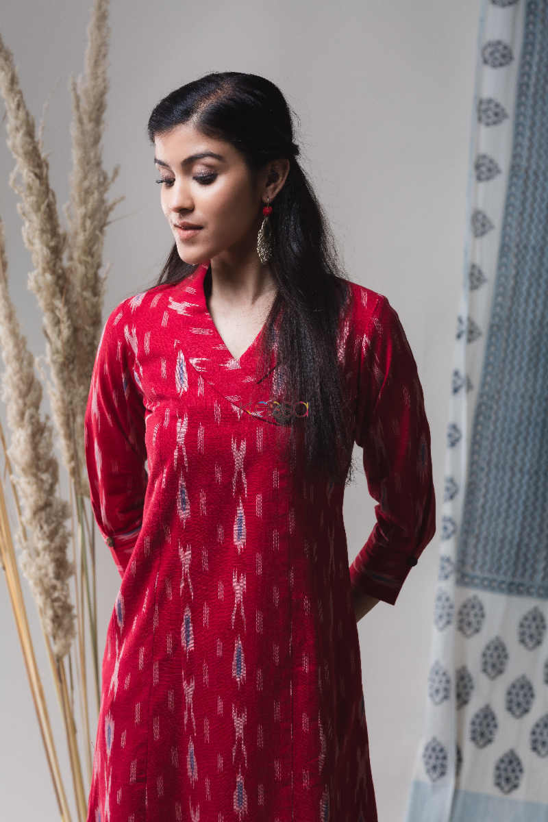Image for Kusvaa Ws630 Brick Red Ikkat Kurta Top