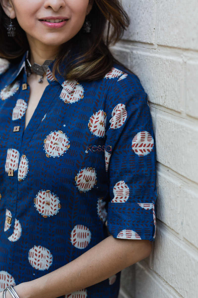 Image for Kusvaa Ws631 Rhino Blue Bagru Print Kurta 1 Closeup