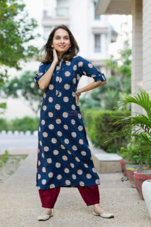 Image for Kusvaa Ws631 Rhino Blue Bagru Print Kurta 1 Featured