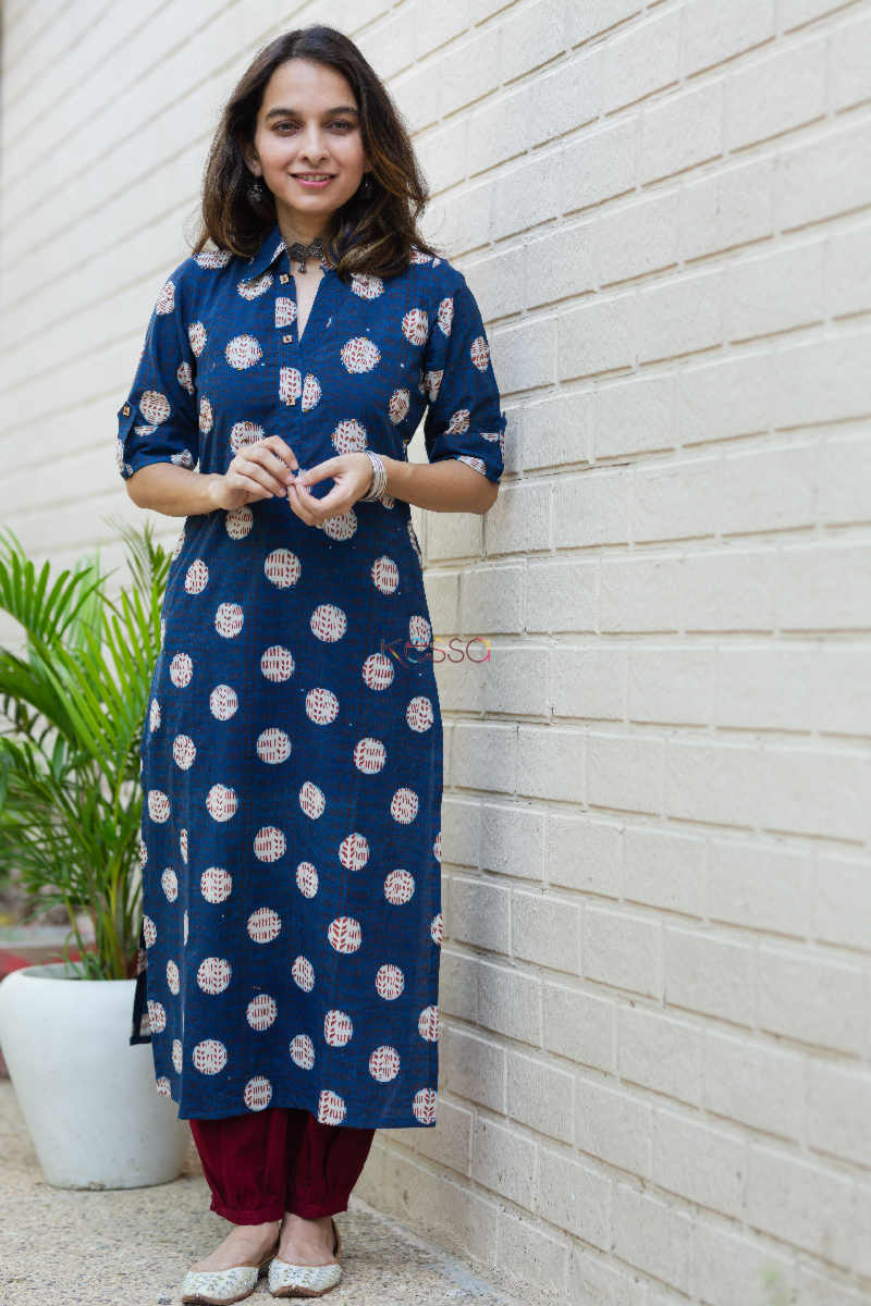 Image for Kusvaa Ws631 Rhino Blue Bagru Print Kurta 1 Front 1