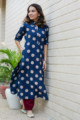 Image for Kusvaa Ws631 Rhino Blue Bagru Print Kurta 1 Front