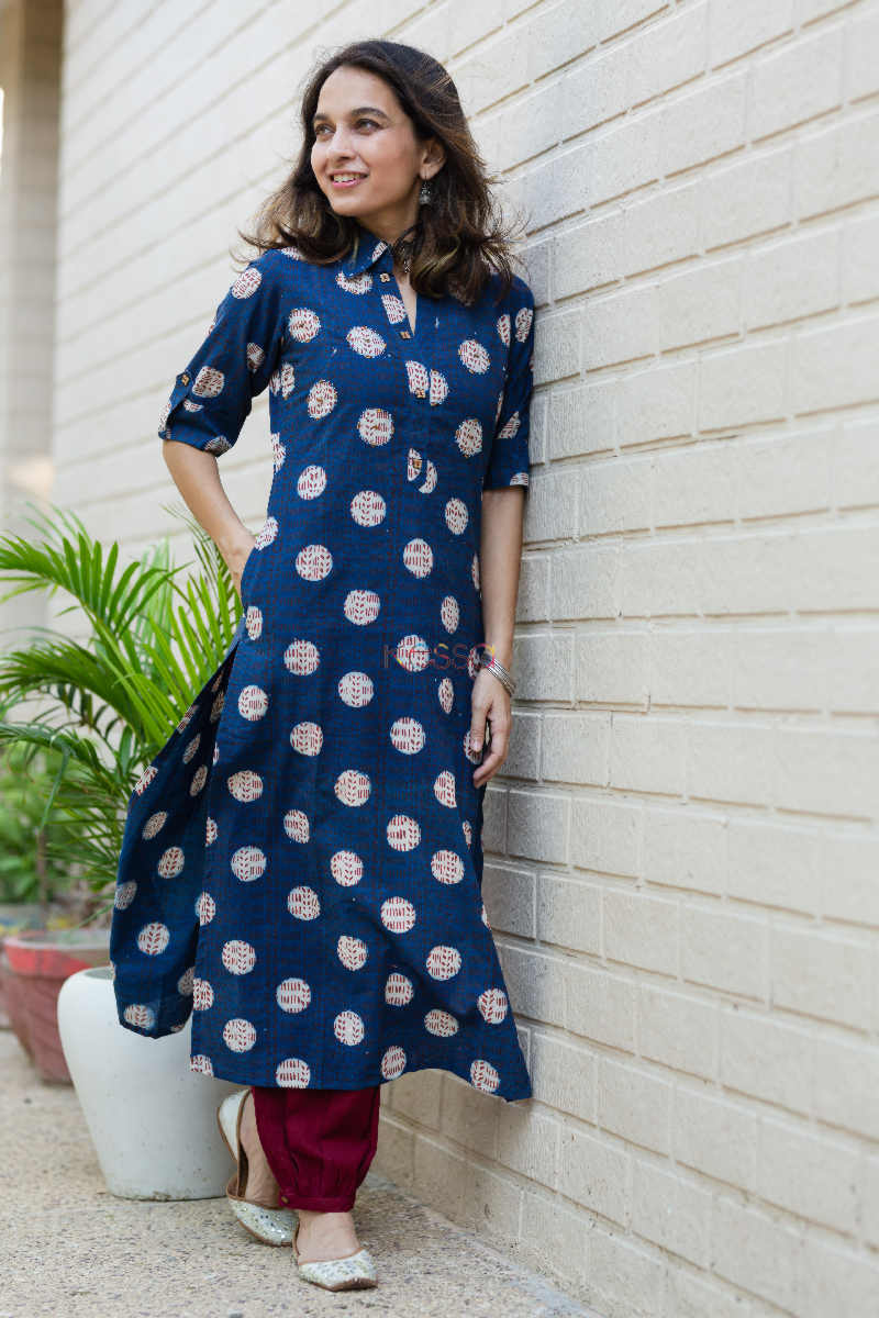 Image for Kusvaa Ws631 Rhino Blue Bagru Print Kurta 1 Front