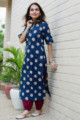 Image for Kusvaa Ws631 Rhino Blue Bagru Print Kurta 1 Look