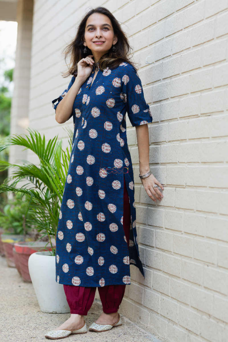 Image for Kusvaa Ws631 Rhino Blue Bagru Print Kurta 1 Look
