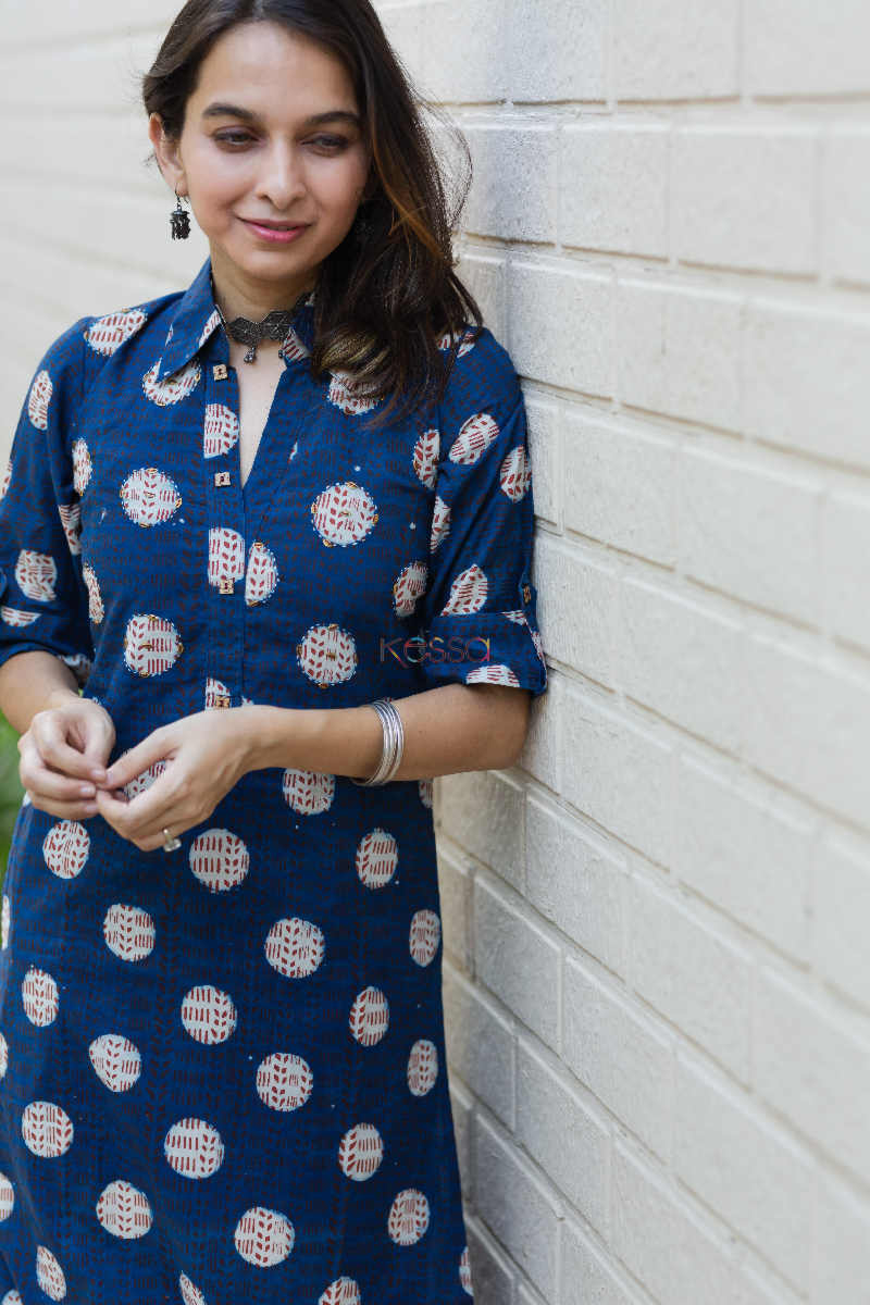 Image for Kusvaa Ws631 Rhino Blue Bagru Print Kurta 1 Top