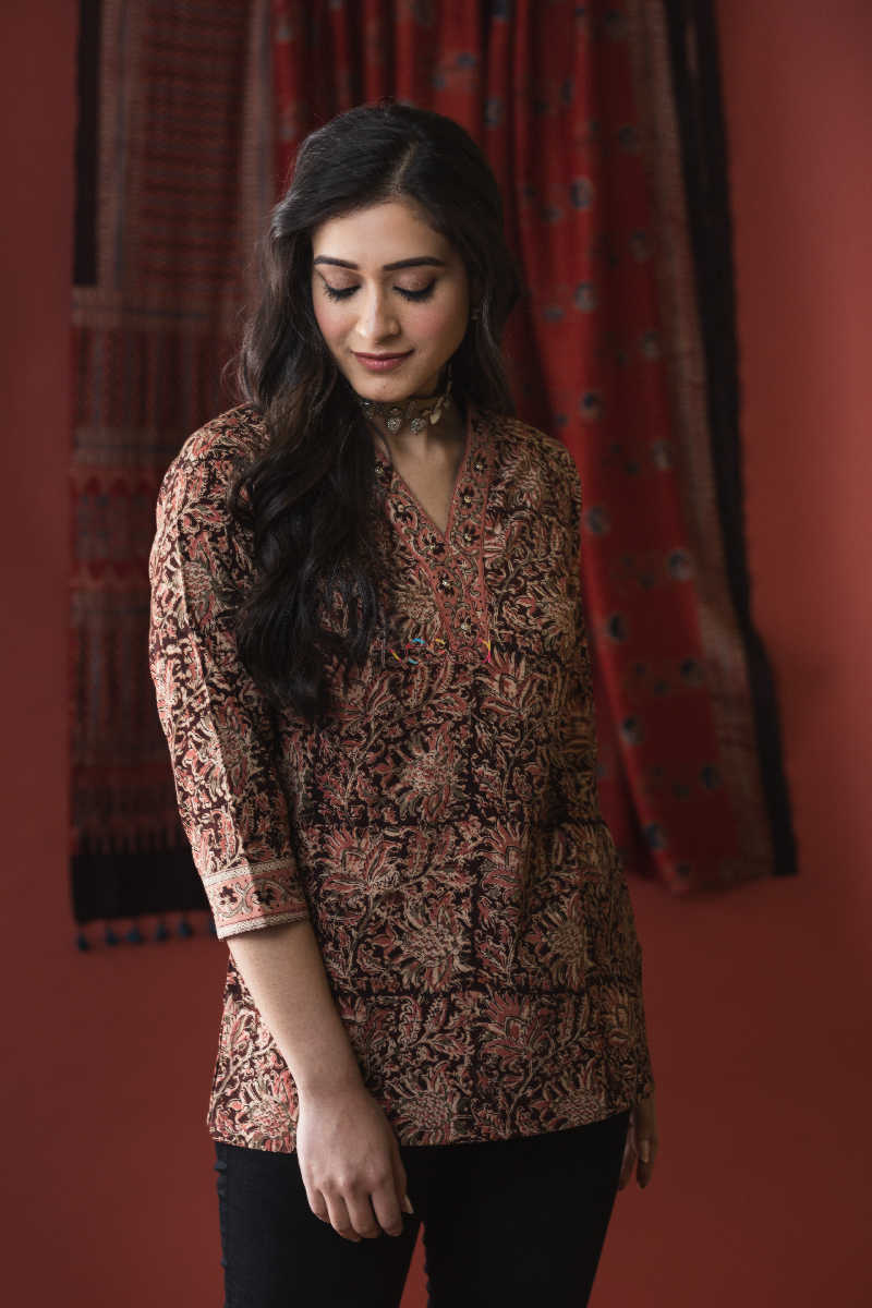 Image for Kusvaa Ws633 English Walnut Short Kalamkari Kurti Look