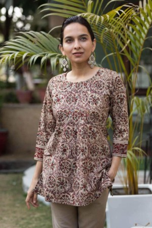 Image for Kusvaa Ws636 Zorba Brown Kalamkari Short Kurti Featured