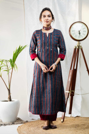 Image for Kusvaa Ws643 Pankti Ajrakh Kurta With Kantha Work 1 Featured