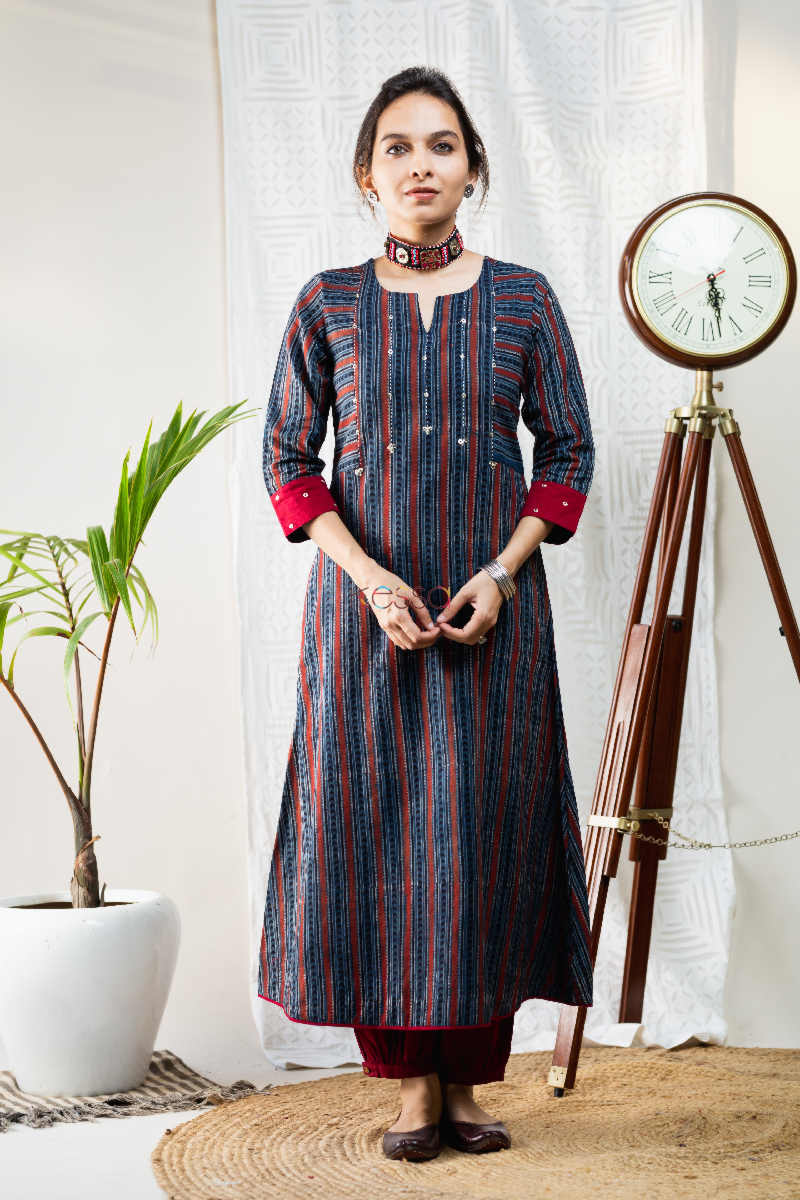Image for Kusvaa Ws643 Pankti Ajrakh Kurta With Kantha Work 1 Featured