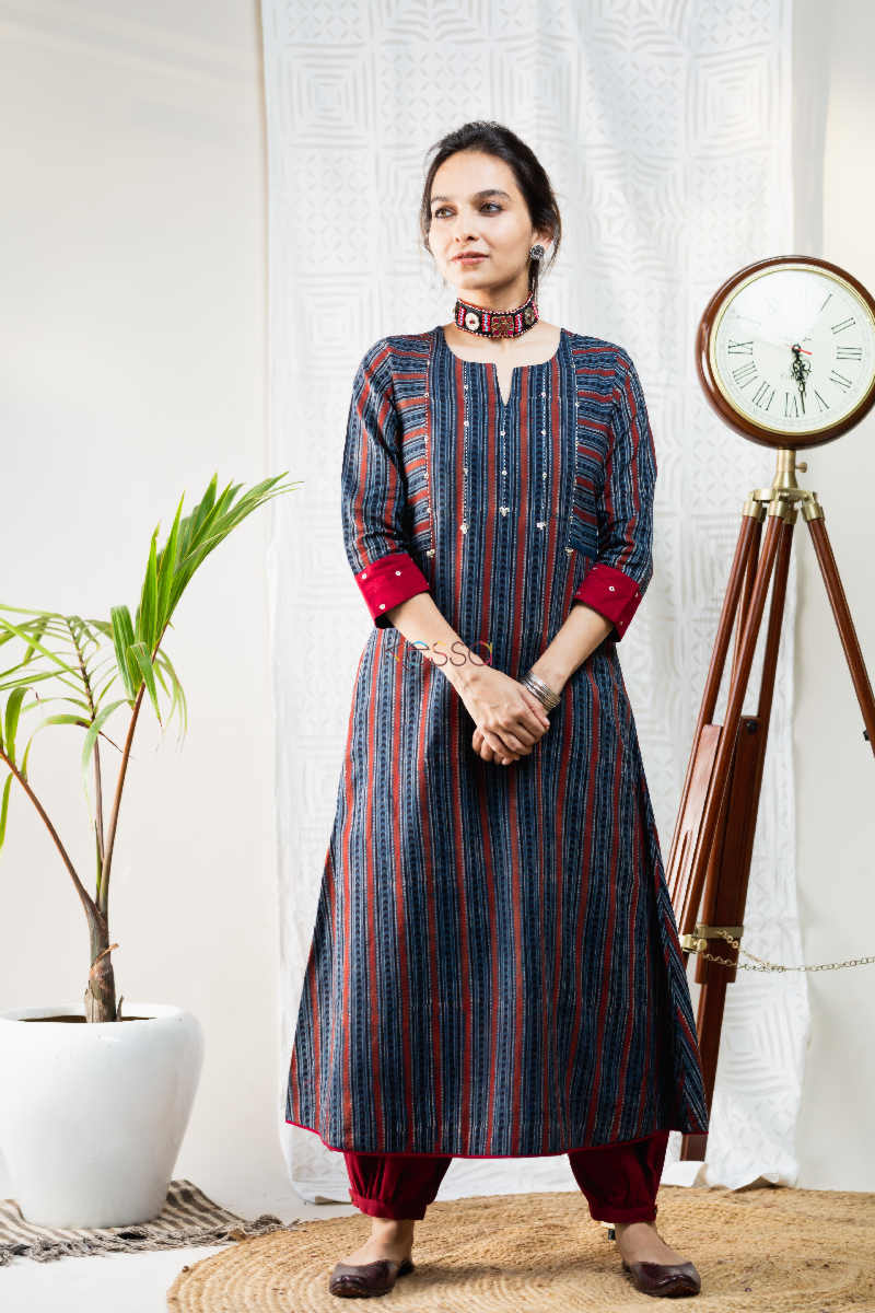 Image for Kusvaa Ws643 Pankti Ajrakh Kurta With Kantha Work 1 Front