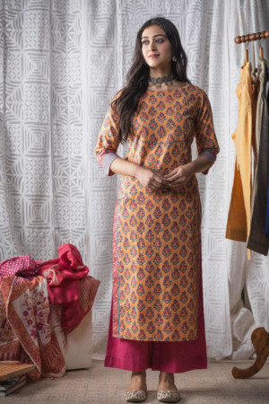 Image for Kusvaa Wsr156 Apricot Handblock Print Kurta Featured