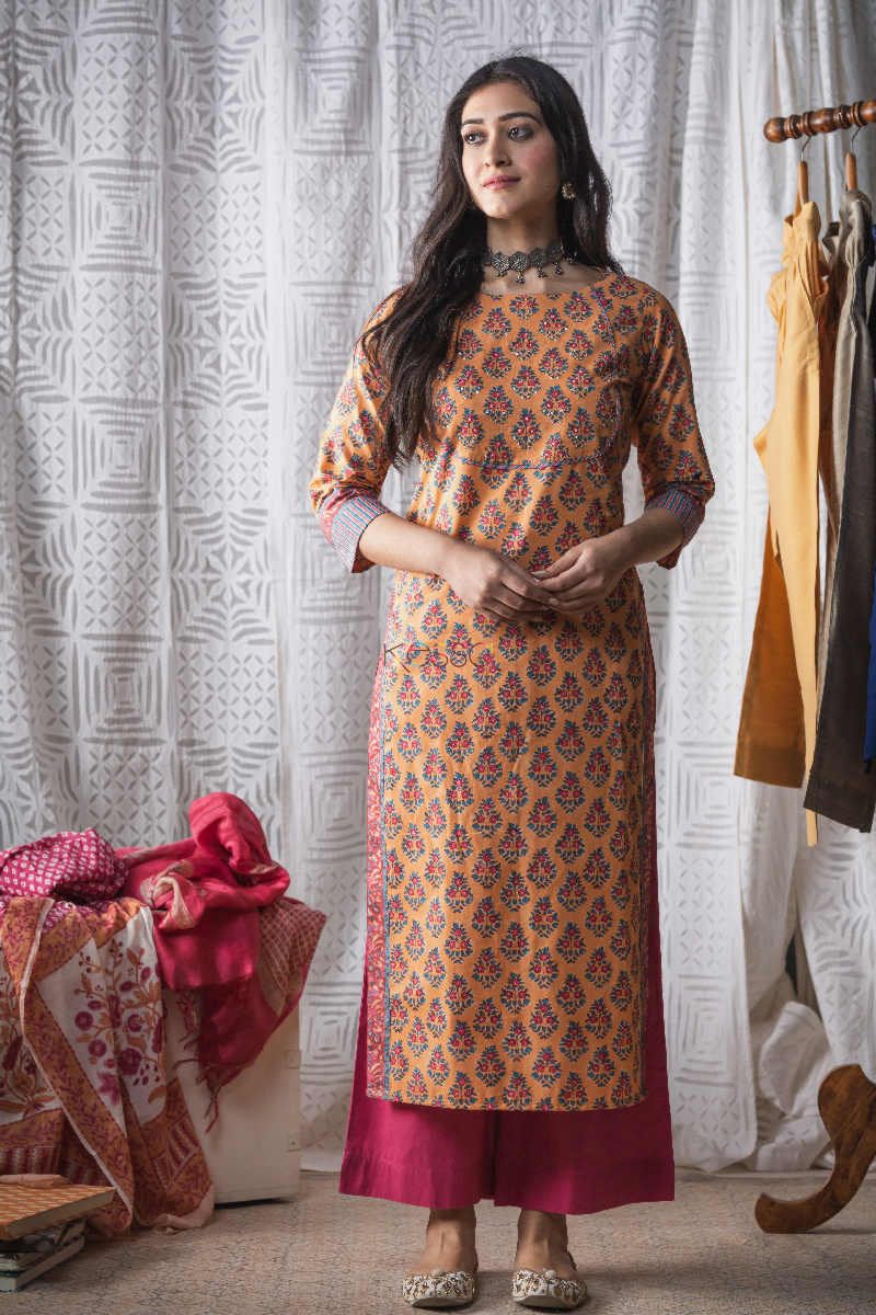 Image for Kusvaa Wsr156 Apricot Handblock Print Kurta Featured