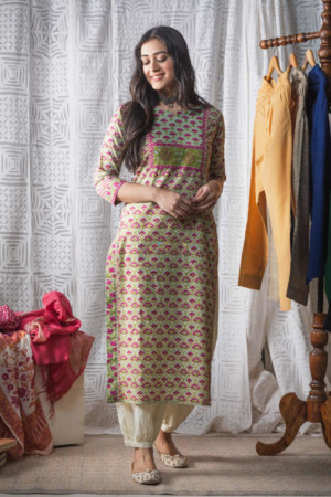 Image for Kusvaa Wsr157 Swamp Green Block Print Kurta Featured