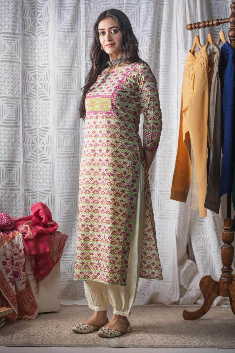Image for Kusvaa Wsr157 Swamp Green Block Print Kurta Look