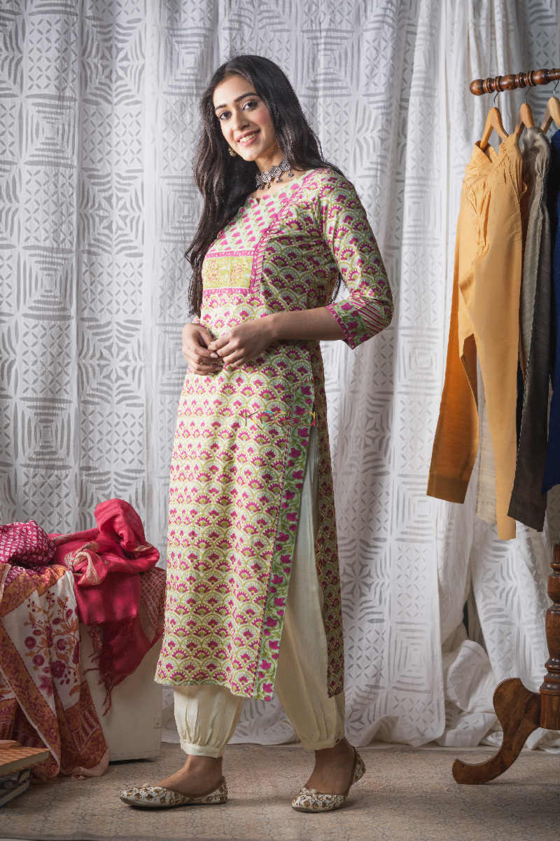 Image for Kusvaa Wsr157 Swamp Green Block Print Kurta Side