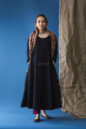 Image for Kusvaa Wsr158 Block Print Chanderi Dupatta With Kalidaar Slub Kurta Featured