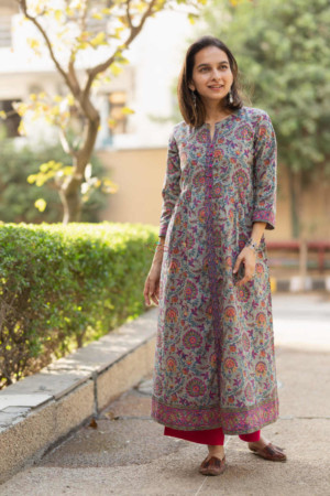 Image for Kusvaa Wsr163 Gunsmoke Multi Color Block Print A Line Kurta Featured