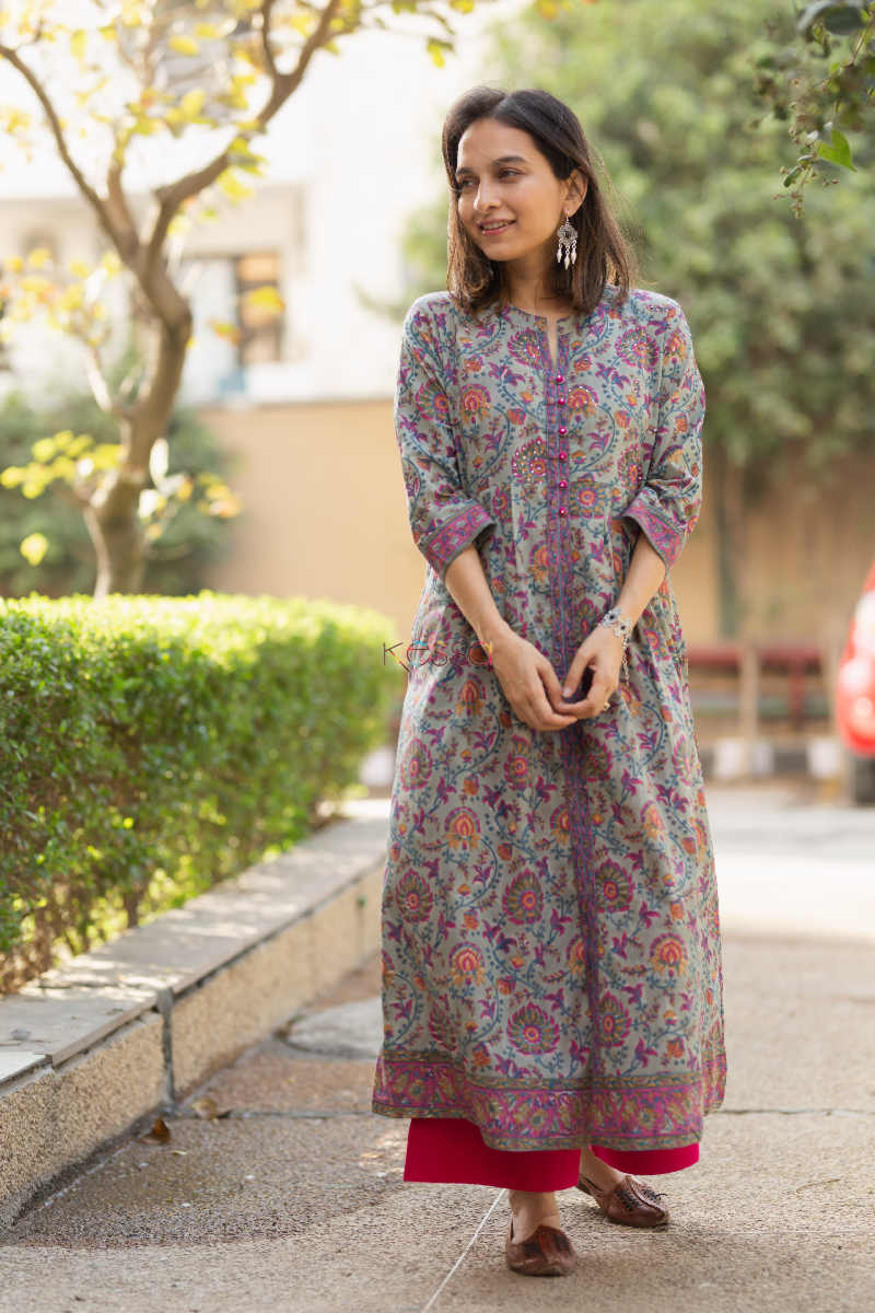 Image for Kusvaa Wsr163 Gunsmoke Multi Color Block Print A Line Kurta Front