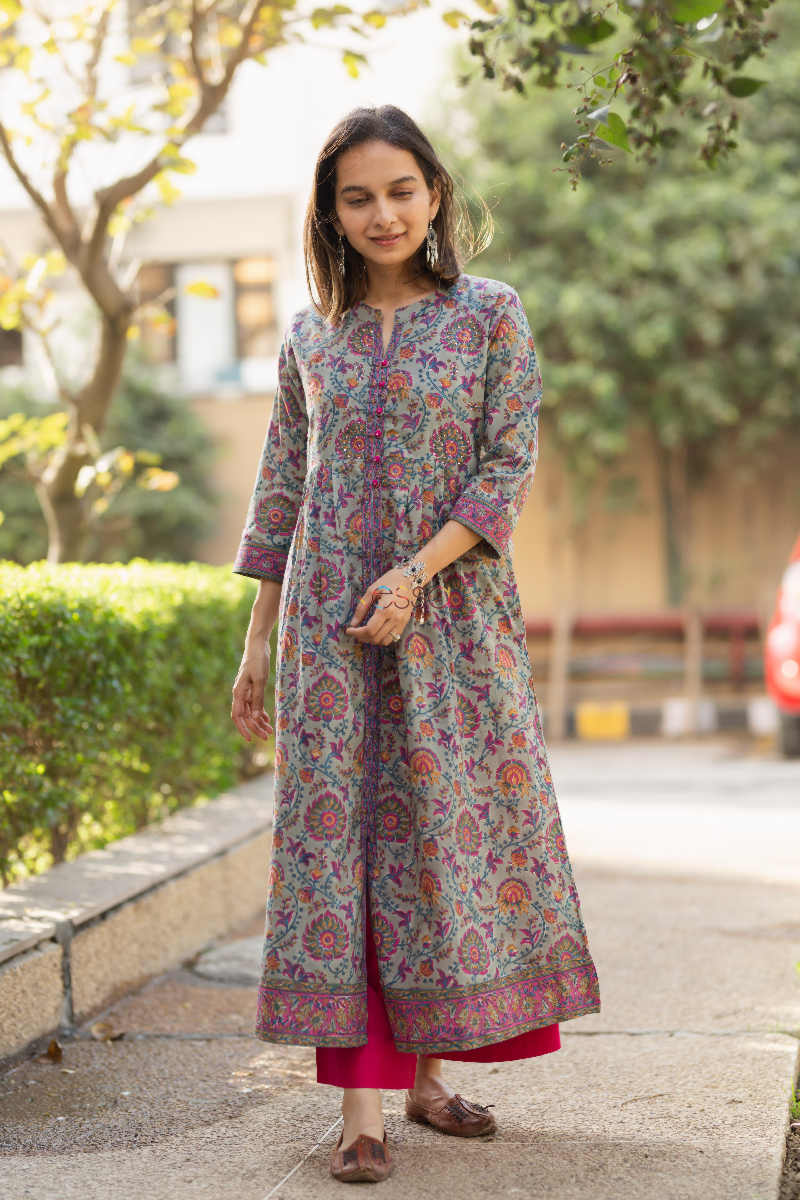 Image for Kusvaa Wsr163 Gunsmoke Multi Color Block Print A Line Kurta Look 1