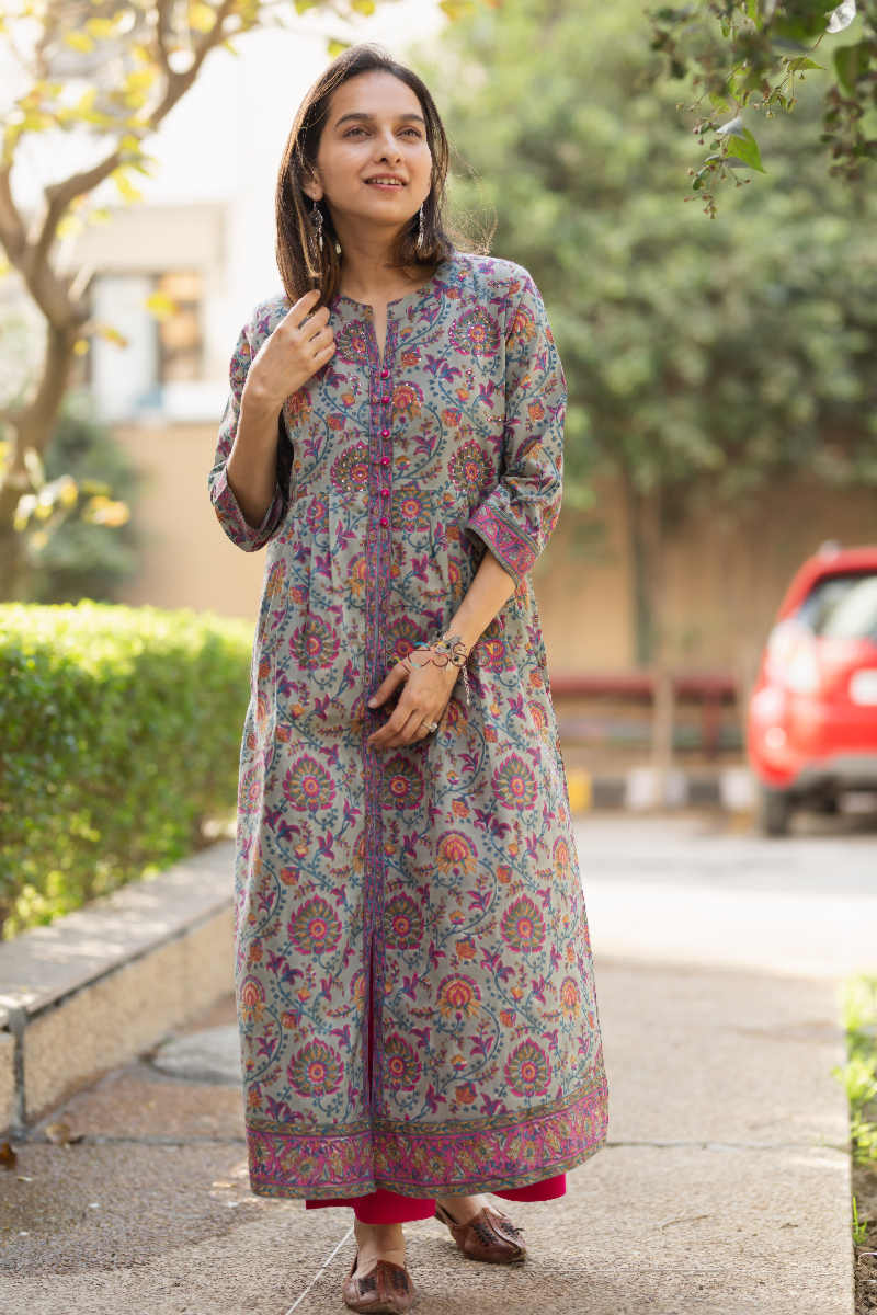 Image for Kusvaa Wsr163 Gunsmoke Multi Color Block Print A Line Kurta Look