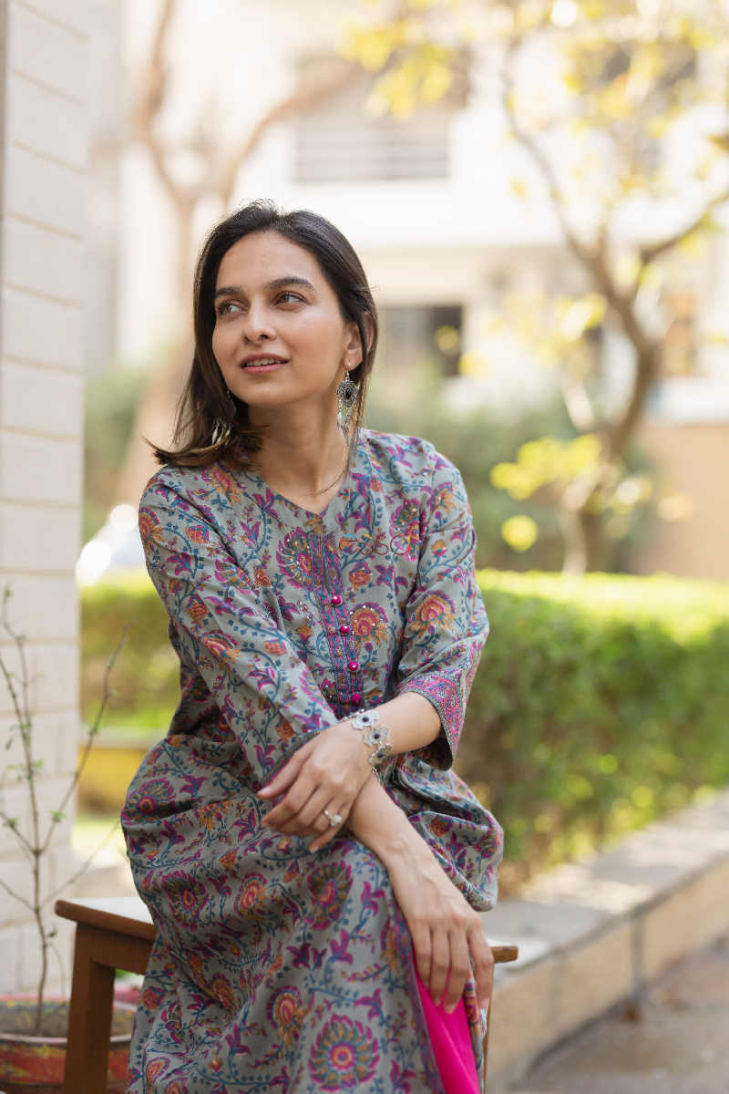 Image for Kusvaa Wsr163 Gunsmoke Multi Color Block Print A Line Kurta Sitting