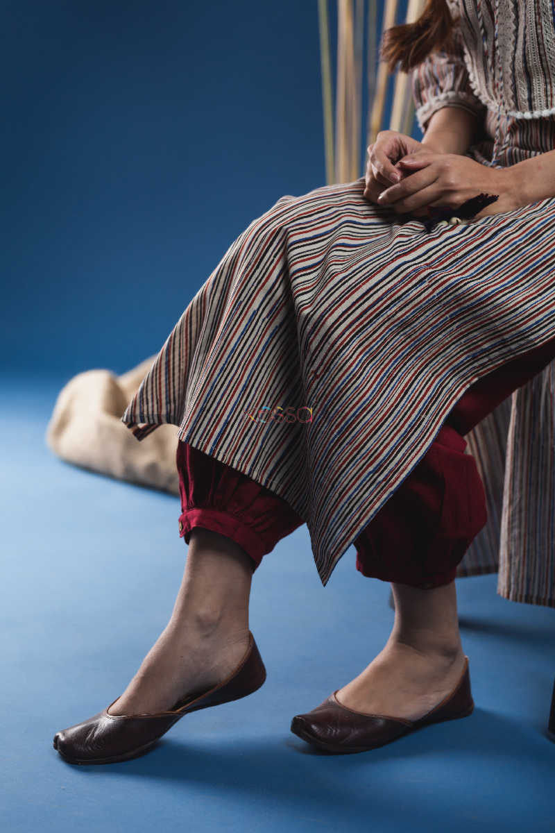 Image for Kusvaa Wsr164 Dariya Block Printed Striped Kurta With Lace Yoke And Tassels Bottom