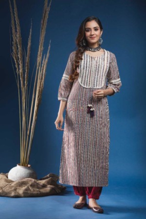 Image for Kusvaa Wsr164 Dariya Block Printed Striped Kurta With Lace Yoke And Tassels Featured