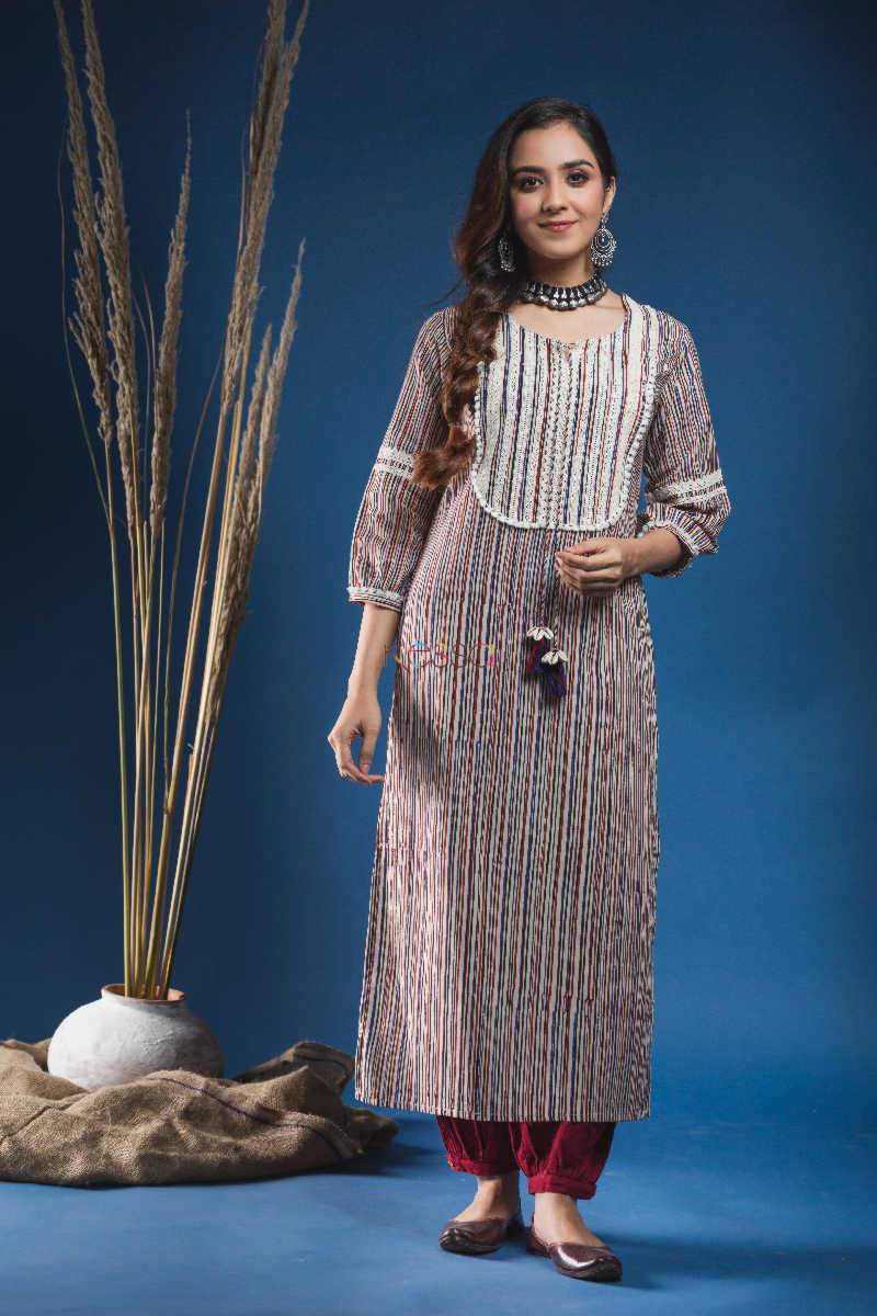 Image for Kusvaa Wsr164 Dariya Block Printed Striped Kurta With Lace Yoke And Tassels Featured