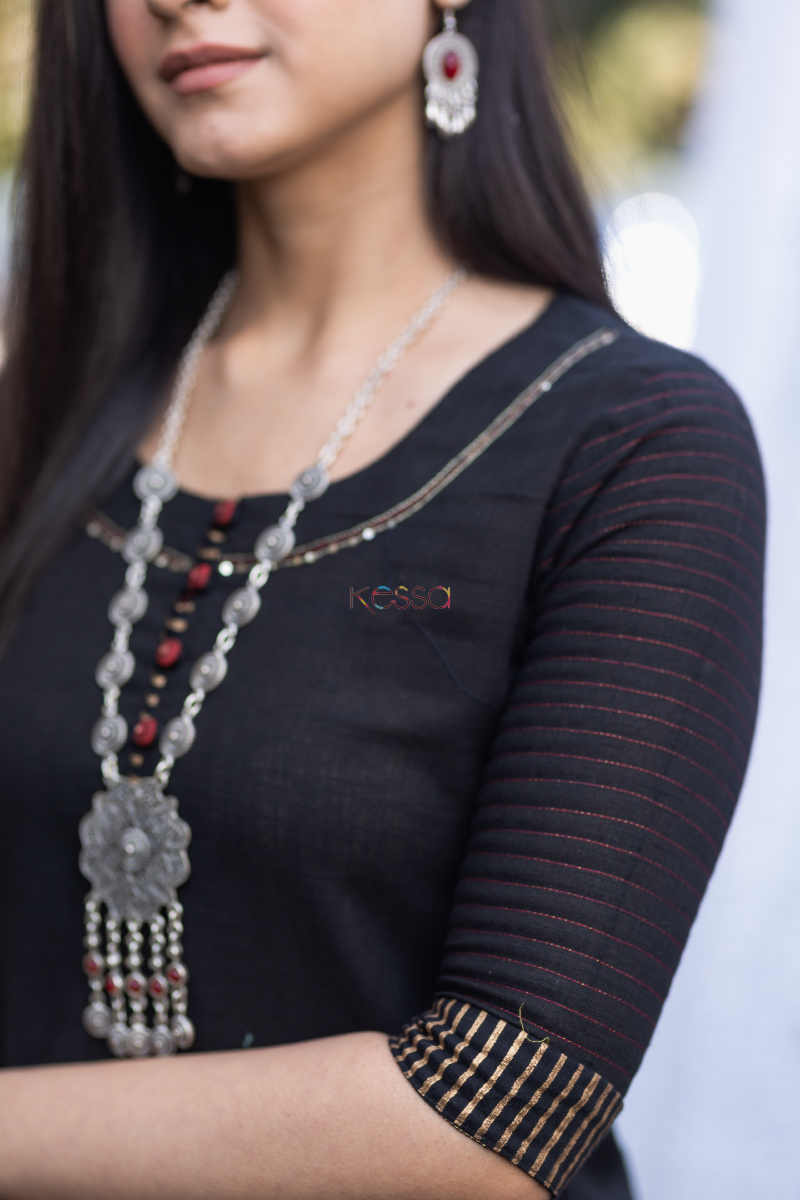 Image for Kusvaa Vcr19 Kohl Black Cotton Slub Kurta With Zari And Sequin Work Closeup