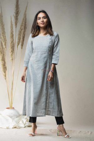Image for Kusvaa Ws647 Kohra Grey South Dobby Cotton Kurta With Metallic Trim On Yoke Featured