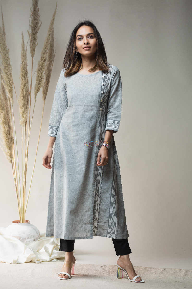 Image for Kusvaa Ws647 Kohra Grey South Dobby Cotton Kurta With Metallic Trim On Yoke Featured