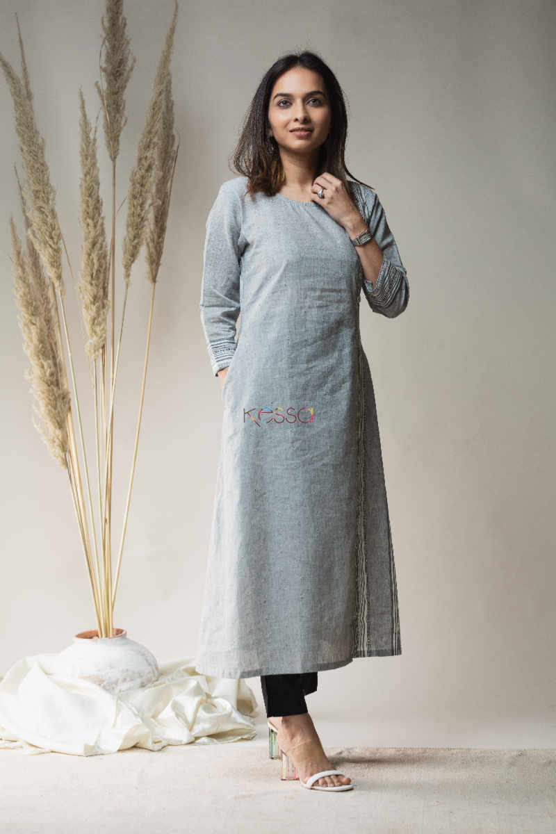 Image for Kusvaa Ws647 Kohra Grey South Dobby Cotton Kurta With Metallic Trim On Yoke Front