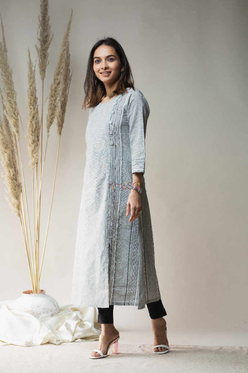 Image for Kusvaa Ws647 Kohra Grey South Dobby Cotton Kurta With Metallic Trim On Yoke Look