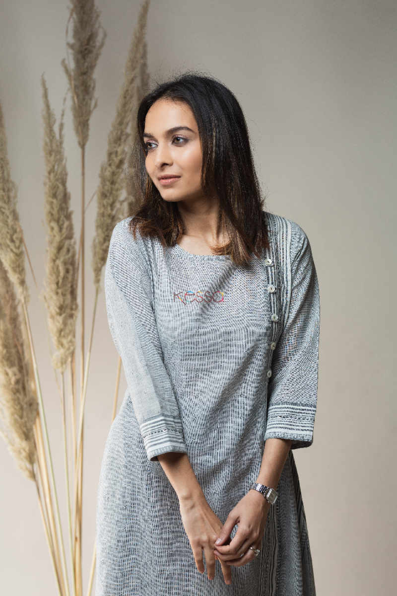 Image for Kusvaa Ws647 Kohra Grey South Dobby Cotton Kurta With Metallic Trim On Yoke Top