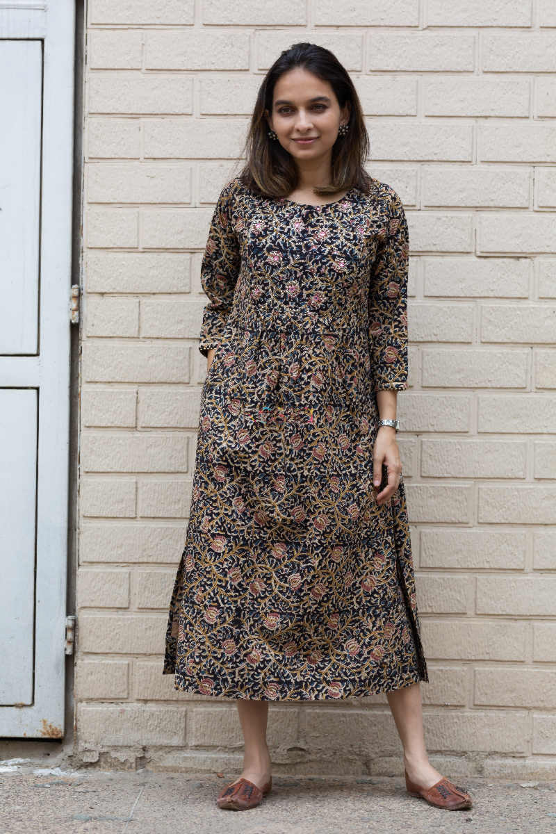 Image for Kusvaa Ws662 Cinder Black Kalamkari A Line Kurta 1 Front