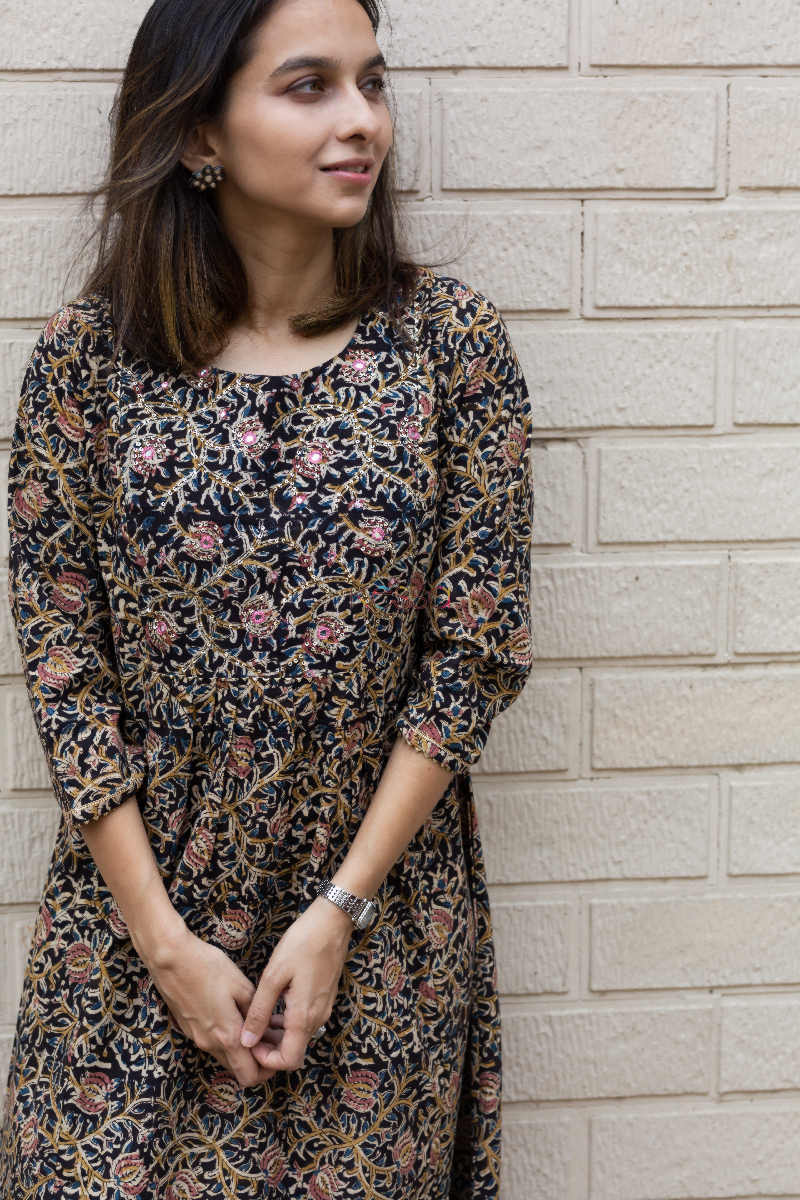 Image for Kusvaa Ws662 Cinder Black Kalamkari A Line Kurta 1 Top